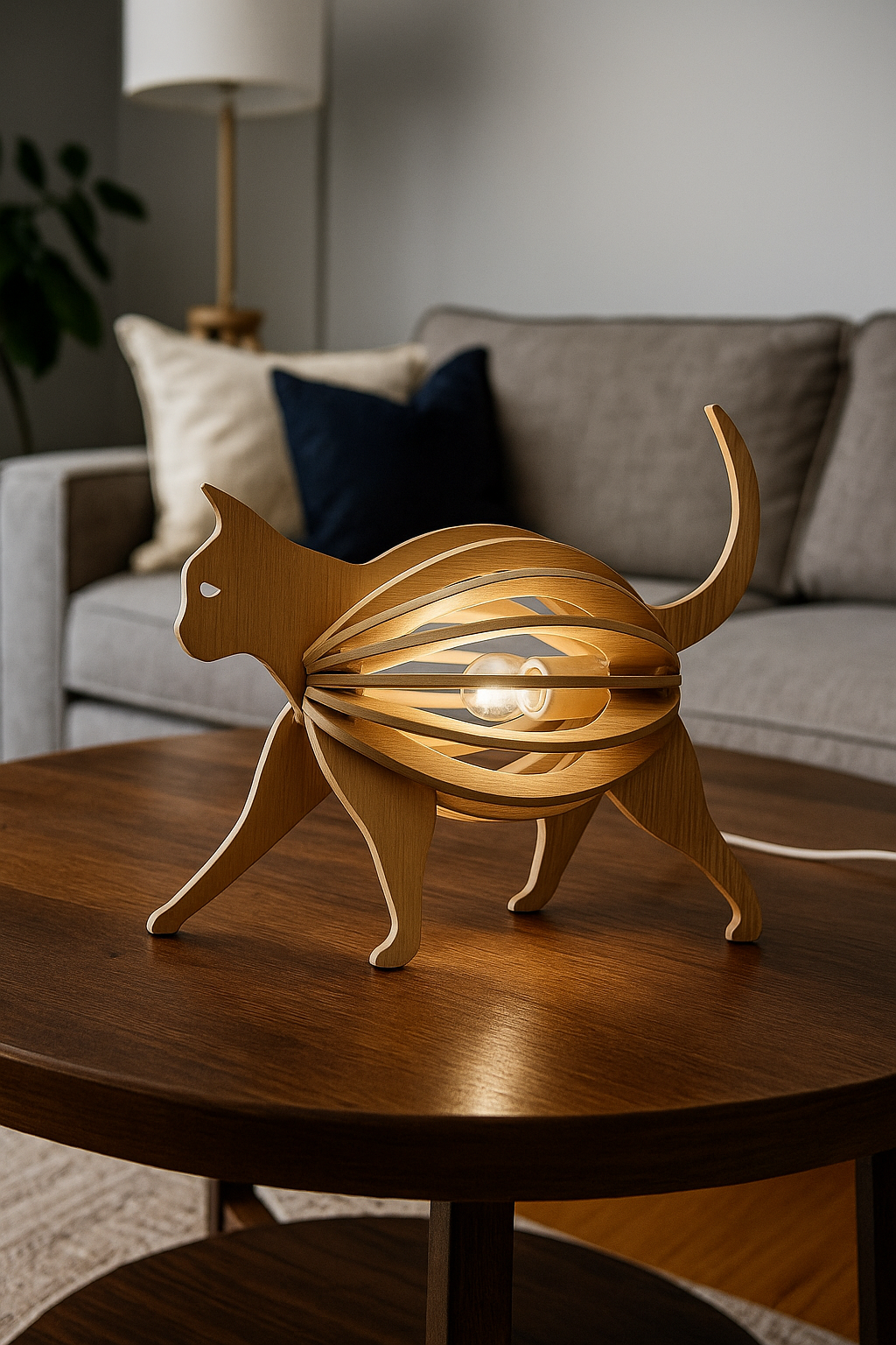 Ξύλινο Επιτραπέζιο Φωτιστικό Γάτα – Χειροποίητο Design για Μοντέρνα Διακόσμηση