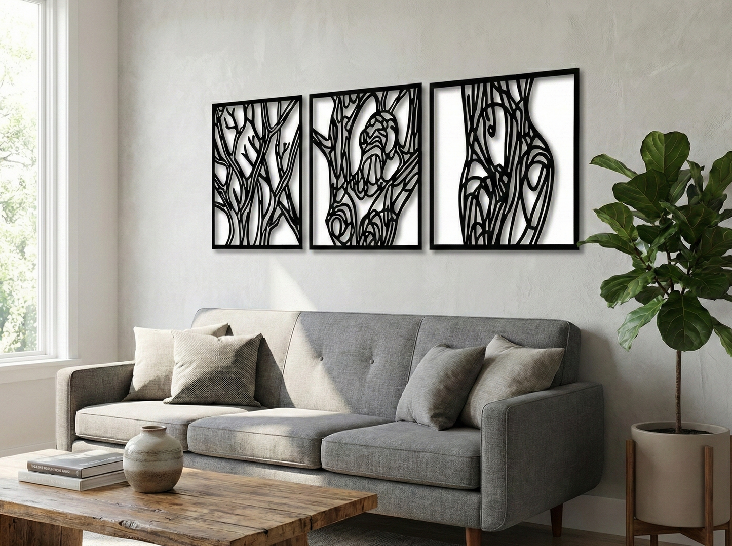 3D Ξύλινο Τρίπτυχο "Dryad’s Spirit" – Abstract Tree & Female Form (Set 3)