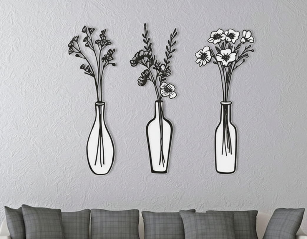 3D Ξύλινο Τρίπτυχο "Floral Minimalism" – Σετ 3 Πάνελ